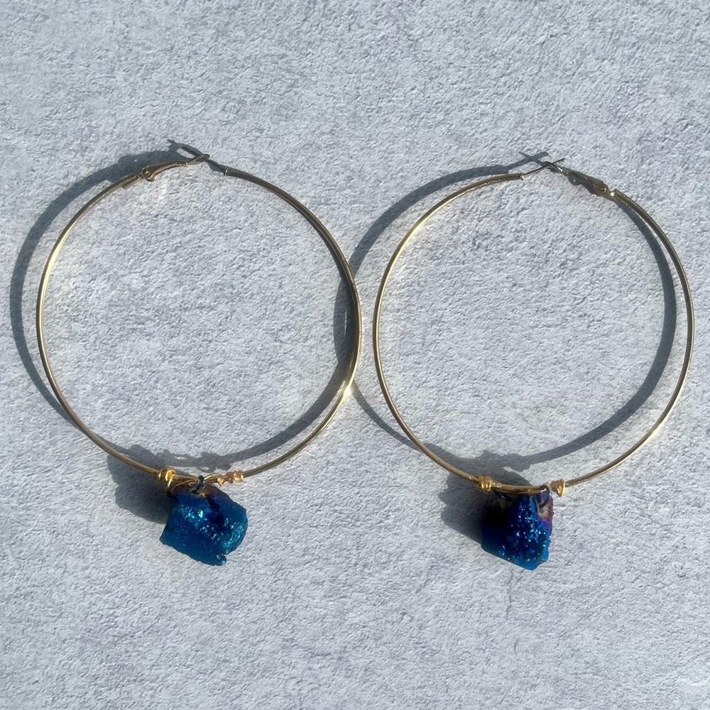Blue druzy stone gold hoop earrings large